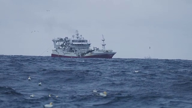 在波涛汹涌的海面上出海的拖网渔船视频素材