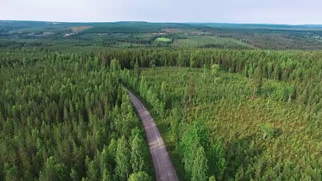 瑞典北部的鸟瞰图。飞过森林和道路视频素材