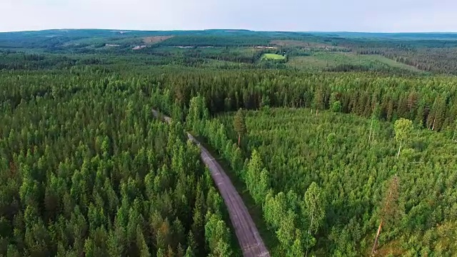 航拍瑞典北部的风景。飞过森林和道路视频素材