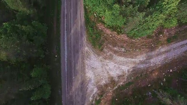 汽车在松树林中行驶的鸟瞰图。无人机在树林里的碎石路上射击视频素材