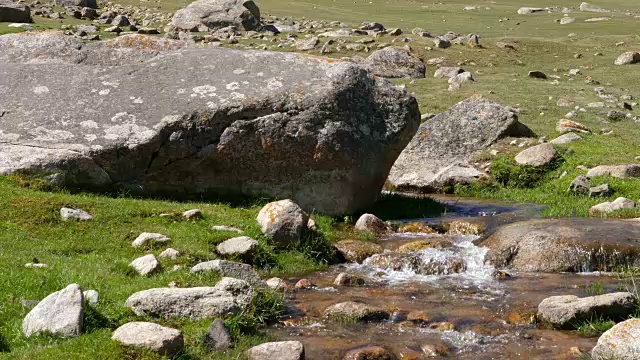 清澈的泉水在绿色草地的石头上流动视频素材