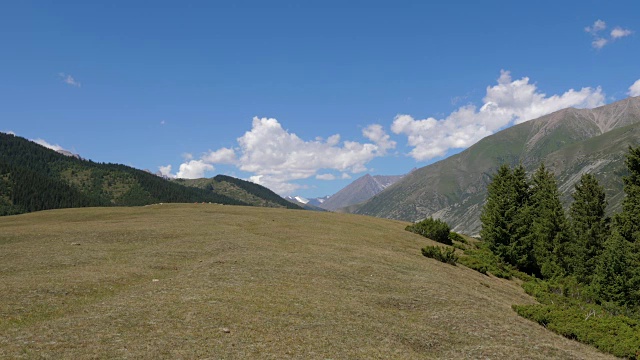 随着时间的推移，青山、夏季草地和山谷高地上的绿色田野逐渐消失视频素材