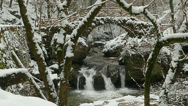 Schiessentuempel瀑布在Mullerthal山谷附近的Mullerthal在冬季，Echternach，欧洲卢森堡视频素材