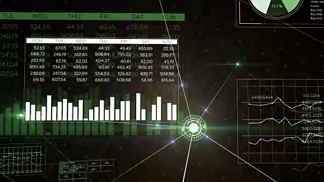 通过抽象业务网络与数字信息飞行。美丽的循环3d动画与绿色线，点和耀斑。商业和技术概念。视频素材