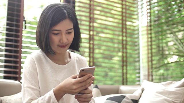 女人在家里用智能手机在线购物视频素材