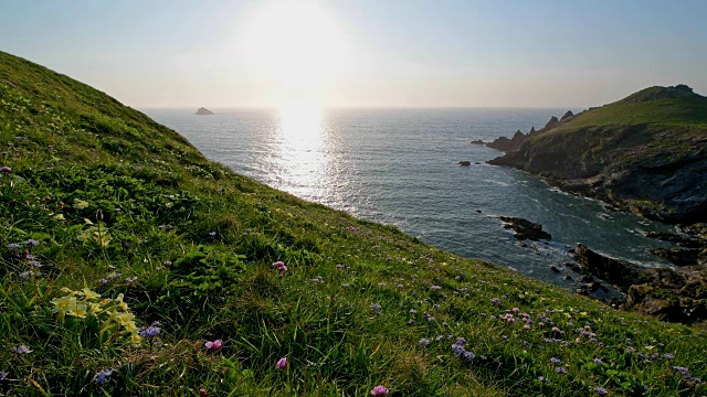 春天日落时的岩石海岸，英国康沃尔郡，瓦德布里奇，英国，欧洲视频素材