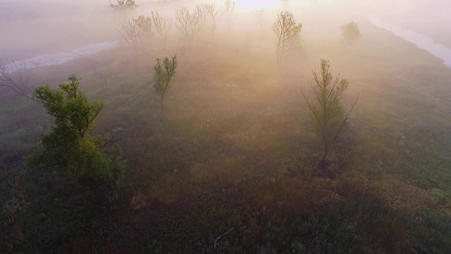 航拍有雾的早晨的视频。飞过德斯纳河。日出的时间。基辅,乌克兰。视频素材