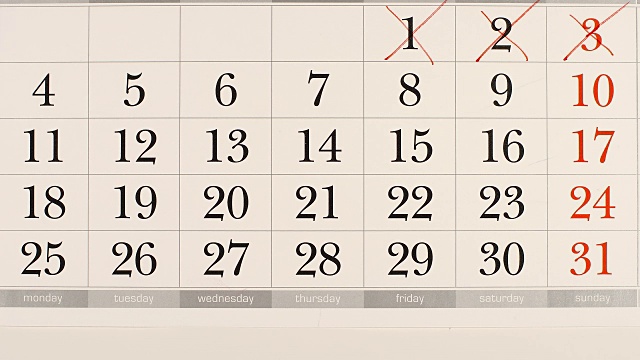 顶部视图:在日历中划掉一个数字-停止运动视频素材