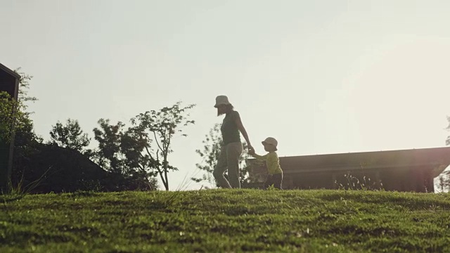 母亲和孩子们在公园里散步的剪影视频素材