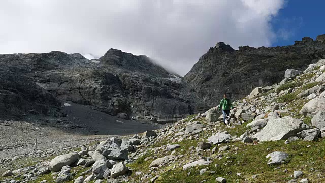 在瑞士恩加丁，一名妇女带着狗在Corvatsch徒步旅行视频素材