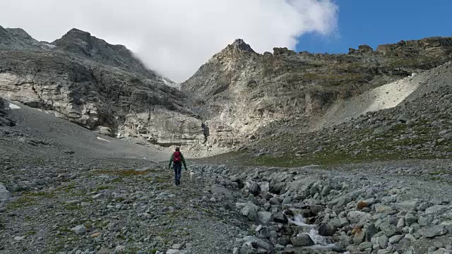 在瑞士恩加丁，一名妇女带着狗在Corvatsch徒步旅行视频下载