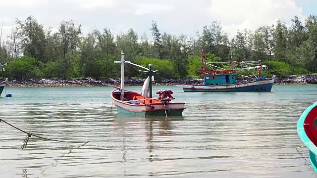 老船在水库堤岸上拦着大河，抵着森林视频素材