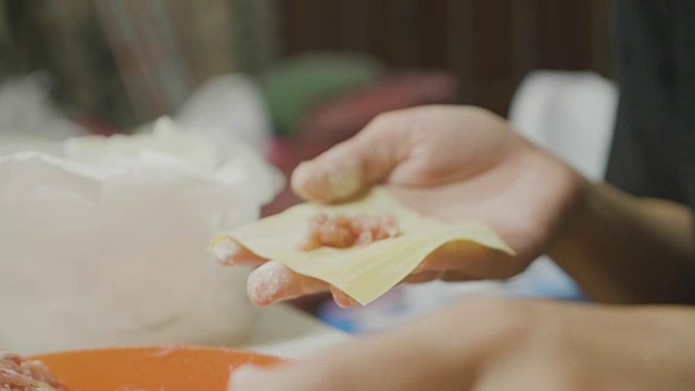 亚洲妇女手工制作馄饨和饺子馅。理念:爱、食物、客人共进晚餐。视频素材