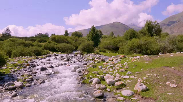 石质河流在山谷中流动，背景是绿色的森林和山峰。视频素材