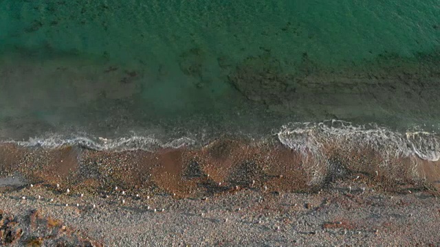 鸟瞰海鸥飞过希腊爱琴海沿岸视频素材