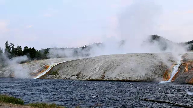 广角:流入河流的温泉视频素材