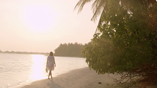 女士走在宁静，阳光明媚的热带海滩日落，马尔代夫视频素材