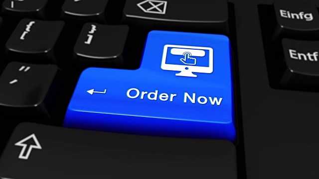 Order Now Moving Motion On Blue Enter Button On Modern Computer Keyboard with Text and icon Labeled.在现代计算机键盘上输入文本和图标。选择焦点键是按下动画。视频素材