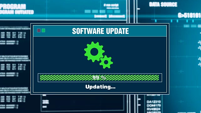 软件更新进度警告讯息更新完成电脑屏幕警告输入系统登录及密码。系统安全，网络犯罪，计算机黑客概念视频素材