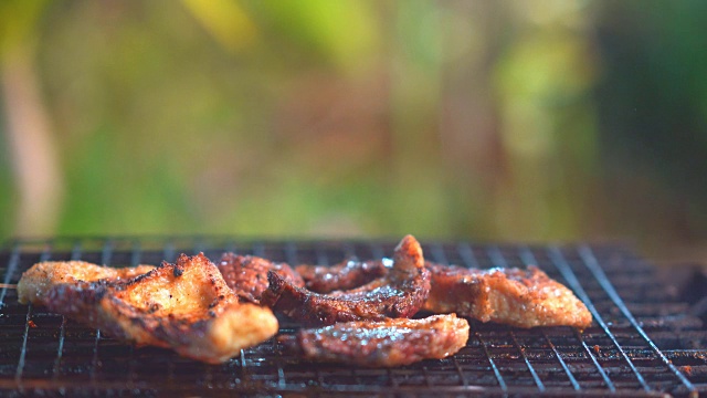 在山上露营时做烤肉。肉在热腾腾的火和火焰上，烟流在上面烤模糊的背景。它美味的食物露营在森林。视频素材