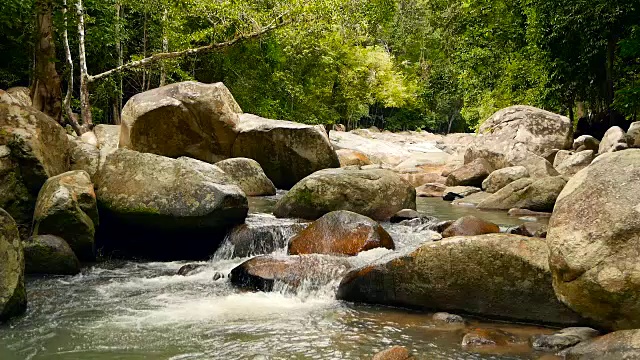 神奇的热带雨林和河流与岩石的风景。野生植被，深热带森林。丛林里的树木和湍急的岩石溪流。蒸汽和石头瀑布流过异国的树林。视频素材