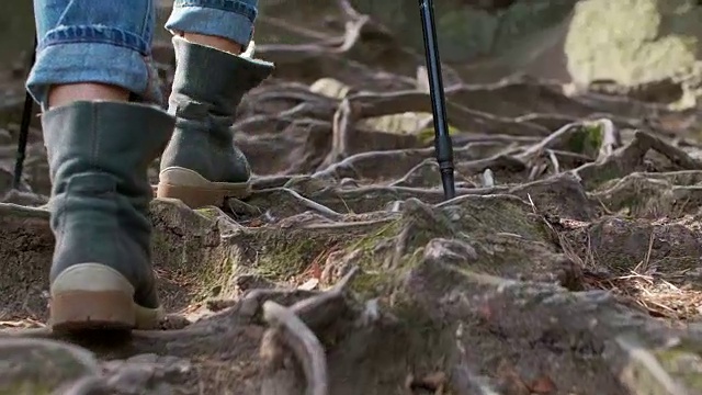 夫妻徒步登山的低段视频素材