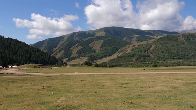 天山和翠绿的山谷在吉，淘金景色视频素材