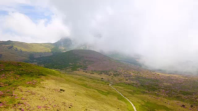 韩hallasan山(韩国最高的山)Witseoreum火山锥上的云和杜鹃花视频素材