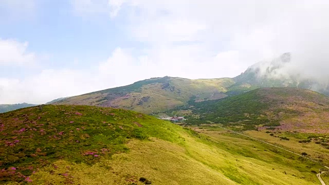 韩hallasan山(韩国最高的山)Witseoreum火山锥上的云和杜鹃花视频素材