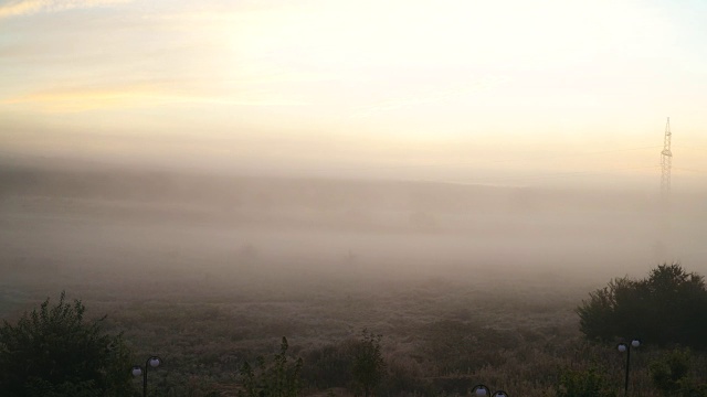 美丽的多雾草地全景。在初秋的早晨，浓雾笼罩着干燥的草地和树木。4 k的视频视频素材