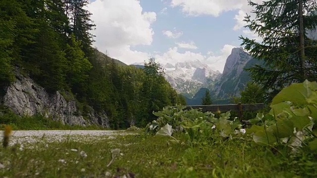 奥地利戈索泽，一名年轻女子在山上的湖中骑山地车视频素材