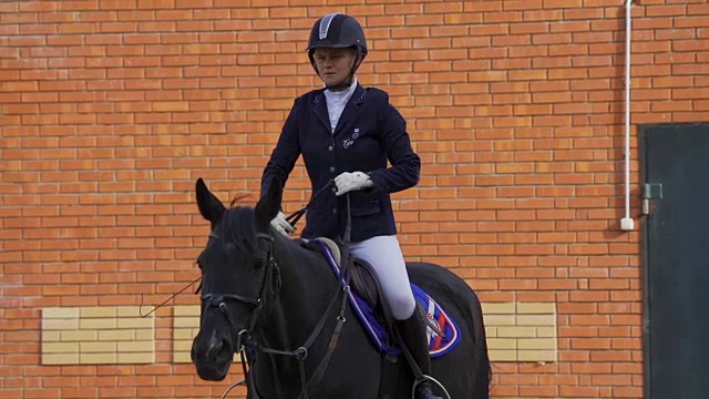 一位穿着黑白骑师服的年轻女子骑着马慢慢地骑马。休息时间马术运动比赛之间的休息时间缓慢的运动。视频素材