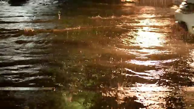 雨夜，道路交通被洪水淹没，汽车溅起水花视频素材