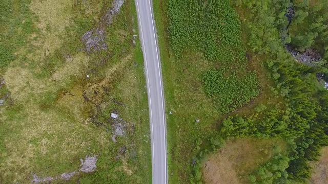 在挪威的夏天，通过绿色的自然的乡村道路的顶视图视频素材