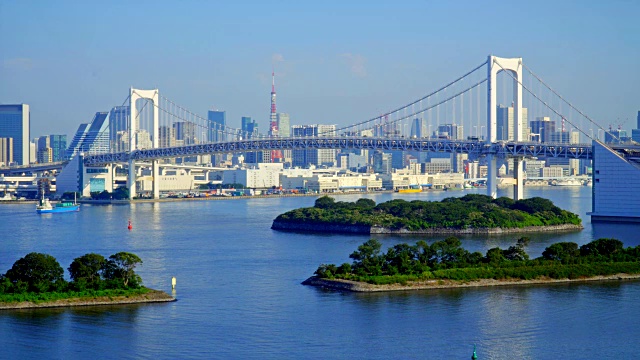 日本东京台场地区美丽的建筑建筑与彩虹桥视频素材