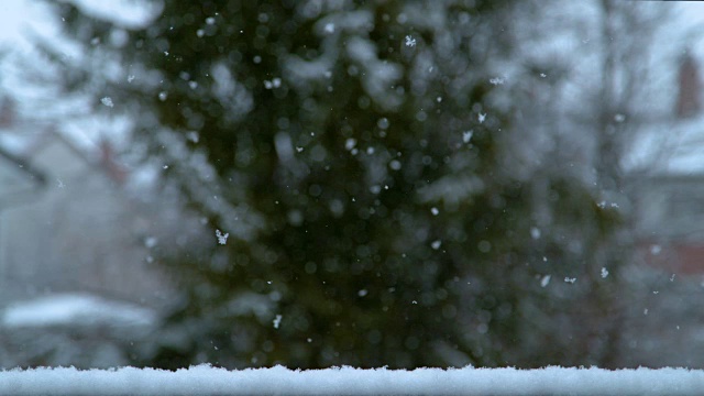 慢动作，自由度:小雪花从空中飘落的电影镜头。视频素材