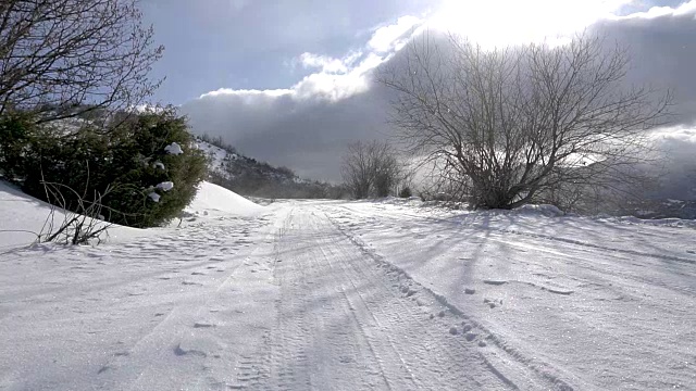 暴风雪在冬天的森林道路上积了很多雪。云中的太阳视频素材