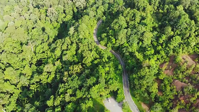 俯视图的乡村道路，路径通过绿色的森林和泰国的乡村，俯视图无人机空中视频。视频素材