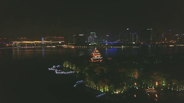 空中金鸡湖的夜晚，江苏省苏州市，中国视频下载