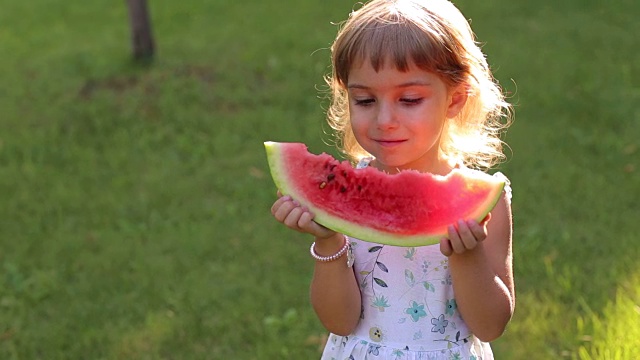 快乐的小女孩和西瓜在夏天阳光公园的肖像。视频素材