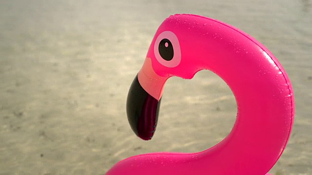 充气火烈鸟在海滩上漂浮在海上的特写。视频素材