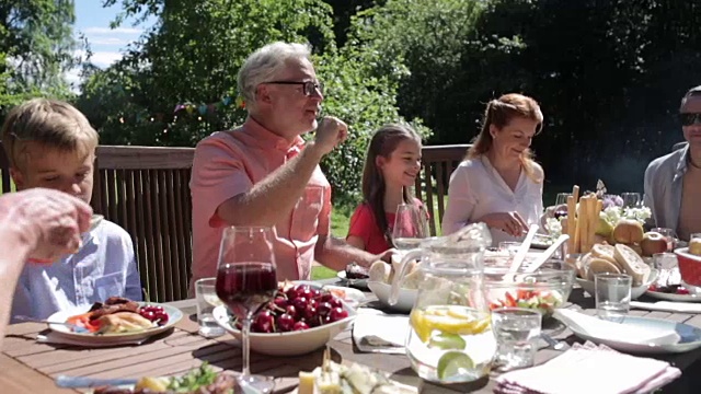 快乐的家庭聚餐或夏日游园会视频素材