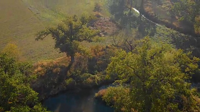 有小河的乡村景观(鸟瞰图)视频素材