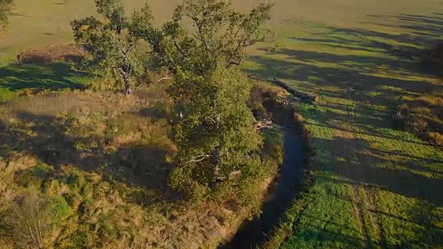 有小河的乡村景观(鸟瞰图)视频素材