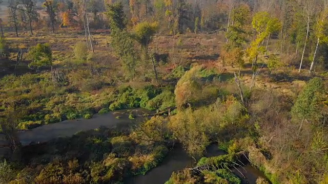 有小河的乡村景观(鸟瞰图)视频素材