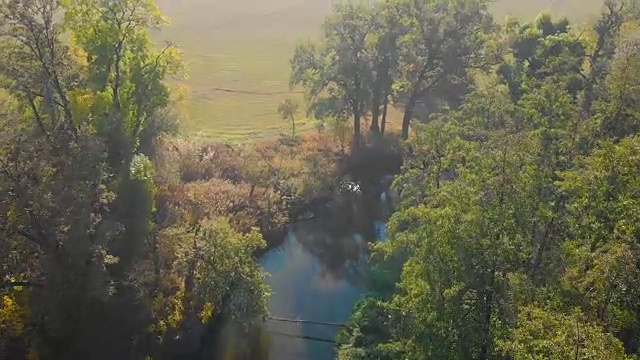 有小河的乡村景观(鸟瞰图)视频素材