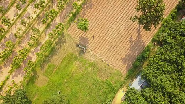 农田上空的鸟瞰图，农民们在辛勤地工作。视频素材