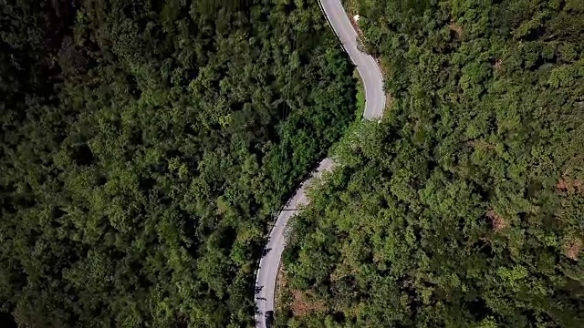 鸟瞰图蜿蜒的道路在森林和汽车驾驶，安全驾驶的概念视频素材