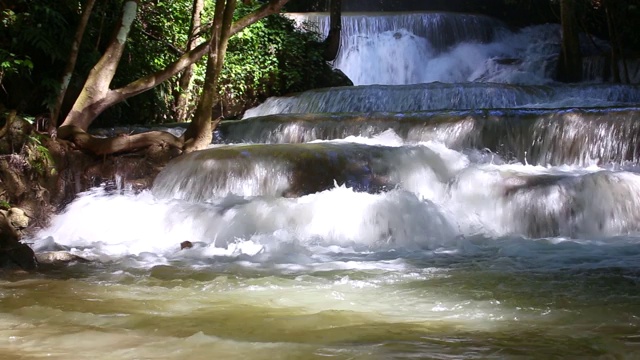 惊人的瀑布在奇妙的秋天森林，美丽的瀑布在热带雨林视频素材