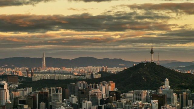 南山地区和Jamsil地区首尔市中心的日落景观视频素材